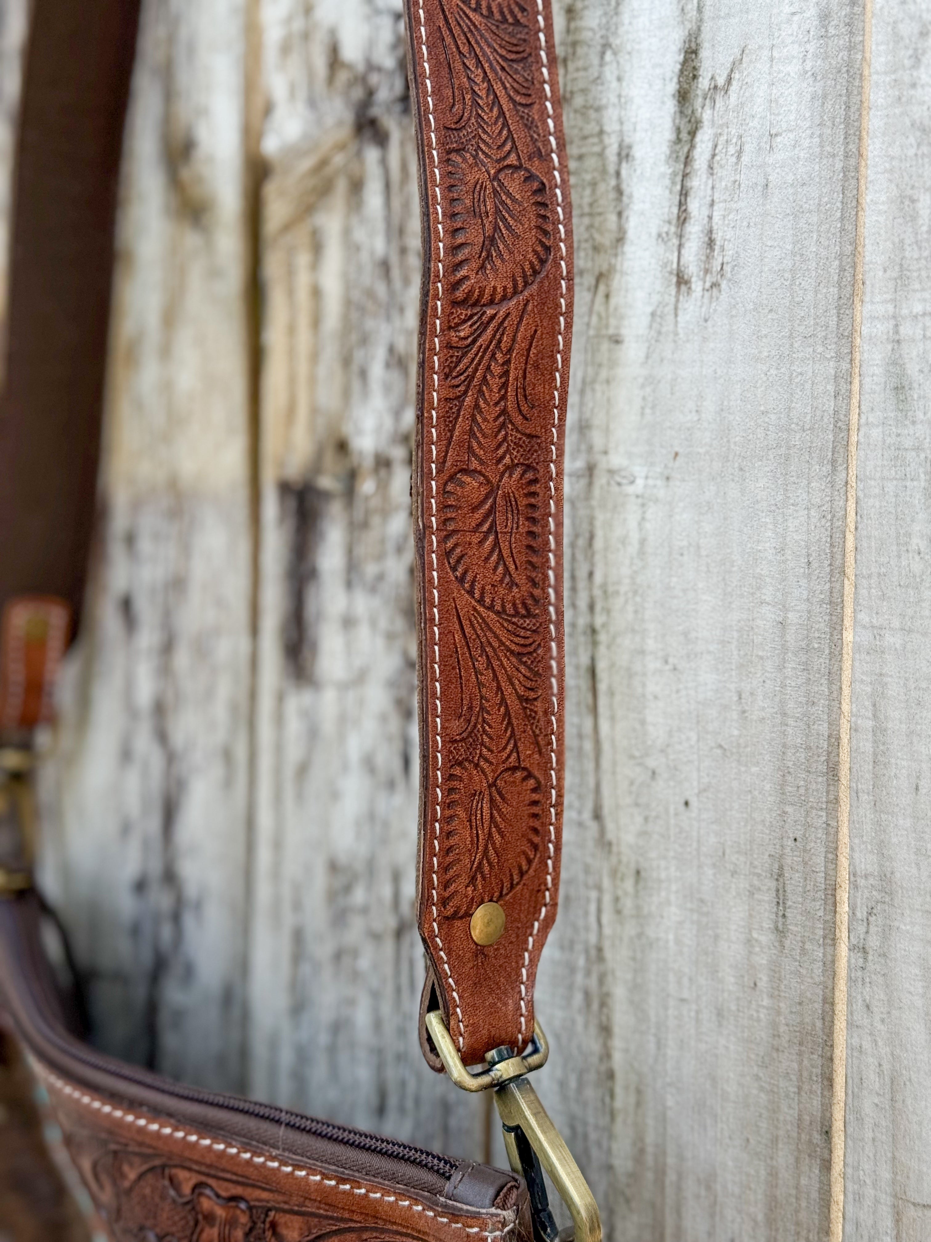 Southwestern Cowhide Fringe Crossbody Bag | Tooled Leather Western Purse