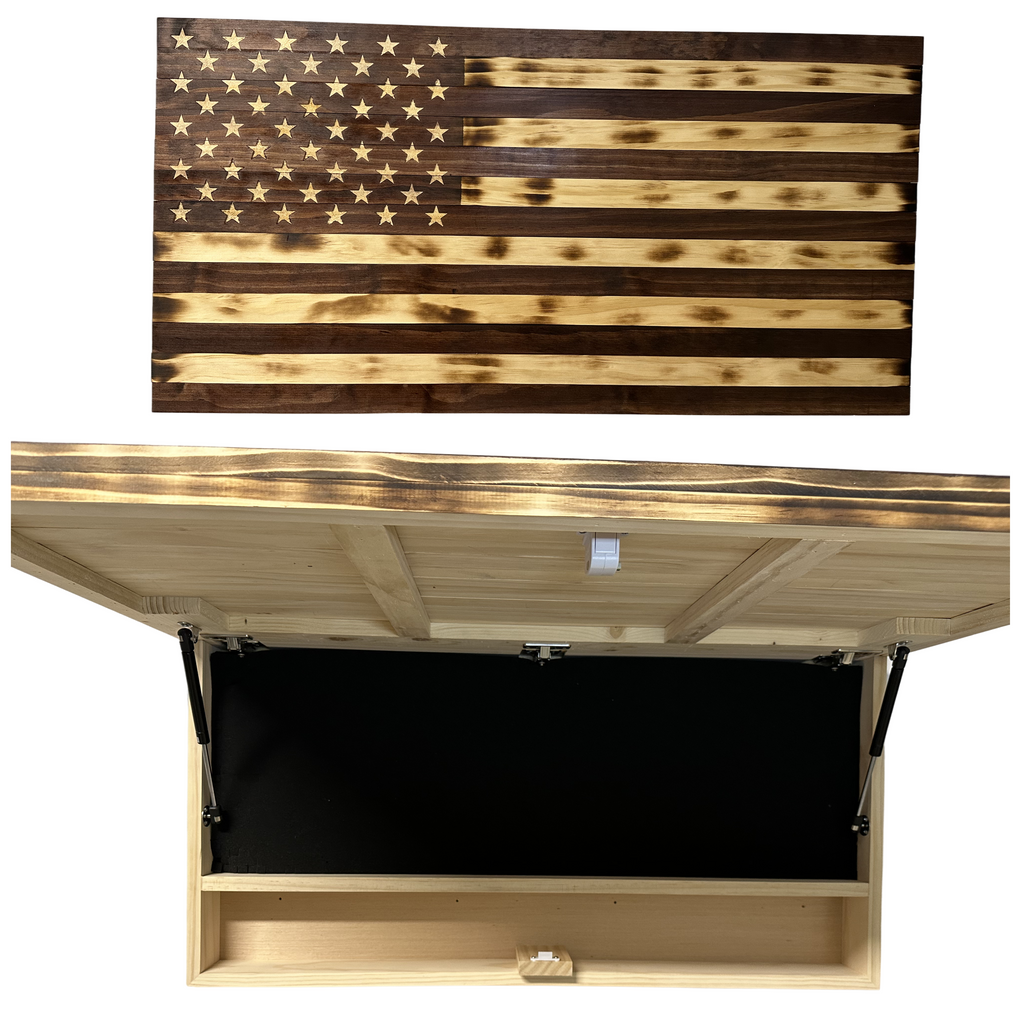 Rustic American Flag Hidden Gun Storage Cabinet Burnt Wood and Red Mahogany