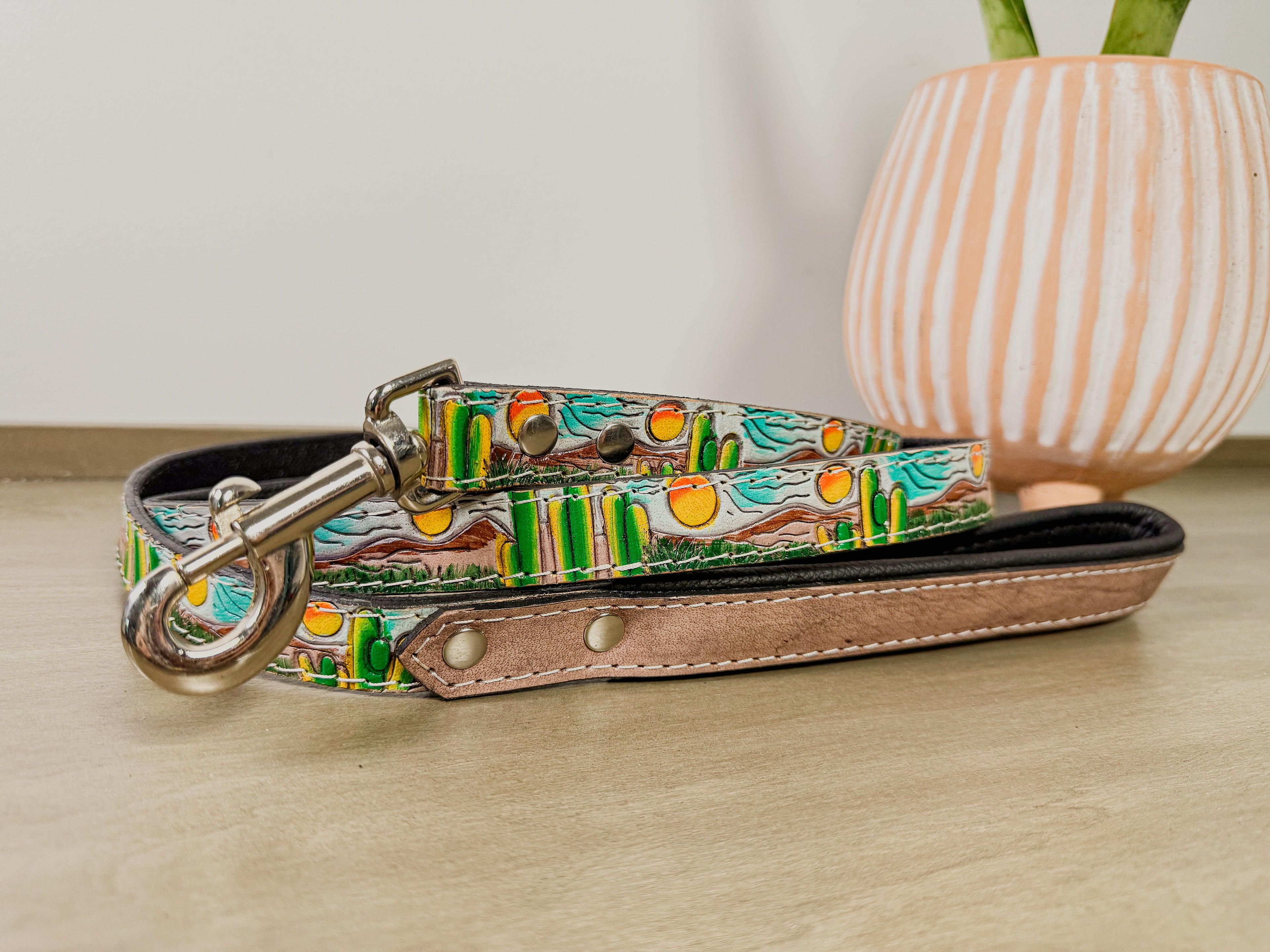 Hand tooled and painted Full Grain Leather Cactus Desert Sunset Scene Dog Leash