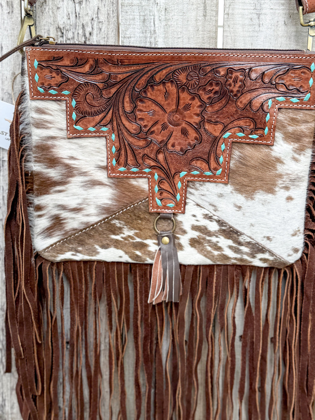 Southwestern Cowhide Fringe Crossbody Bag | Tooled Leather Western Purse