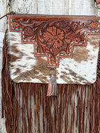 Southwestern Cowhide Fringe Crossbody Bag | Tooled Leather Western Purse
