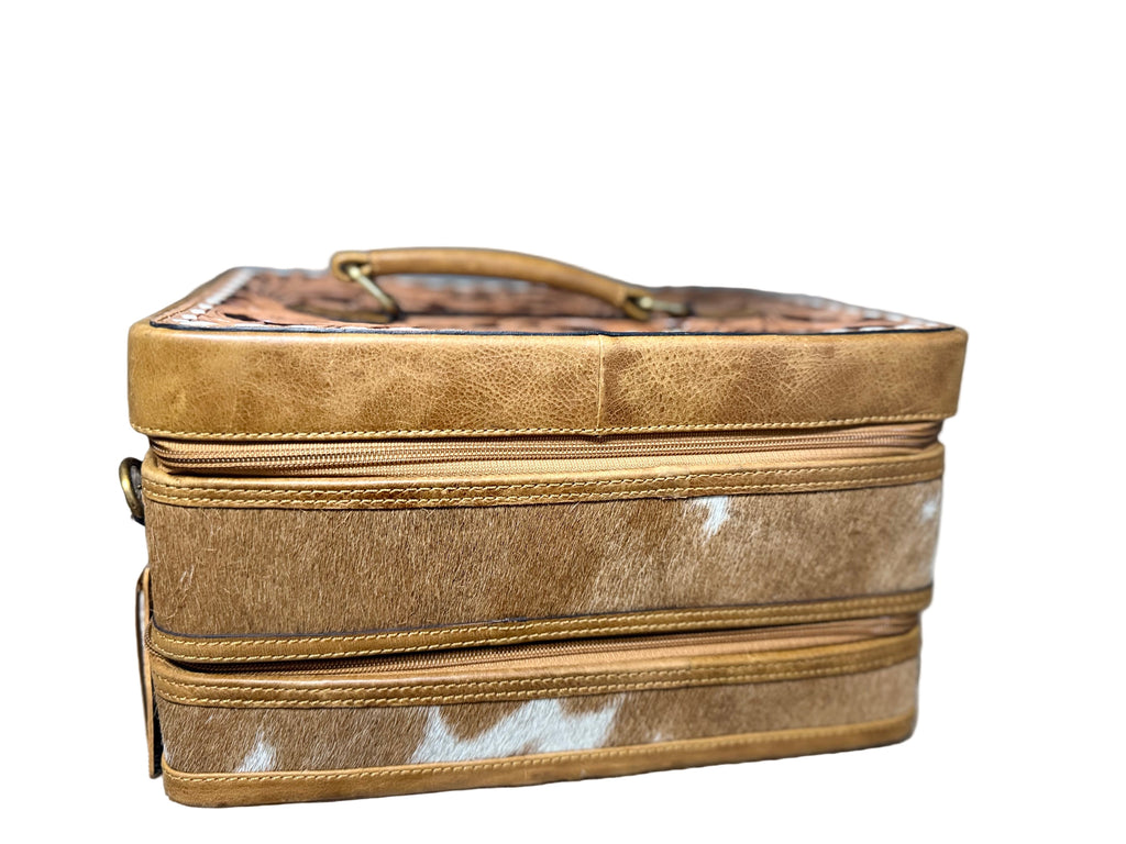 The Double Decker in Tan | Large Tan and White Cowhide and Tooled Leather Jewelry Case