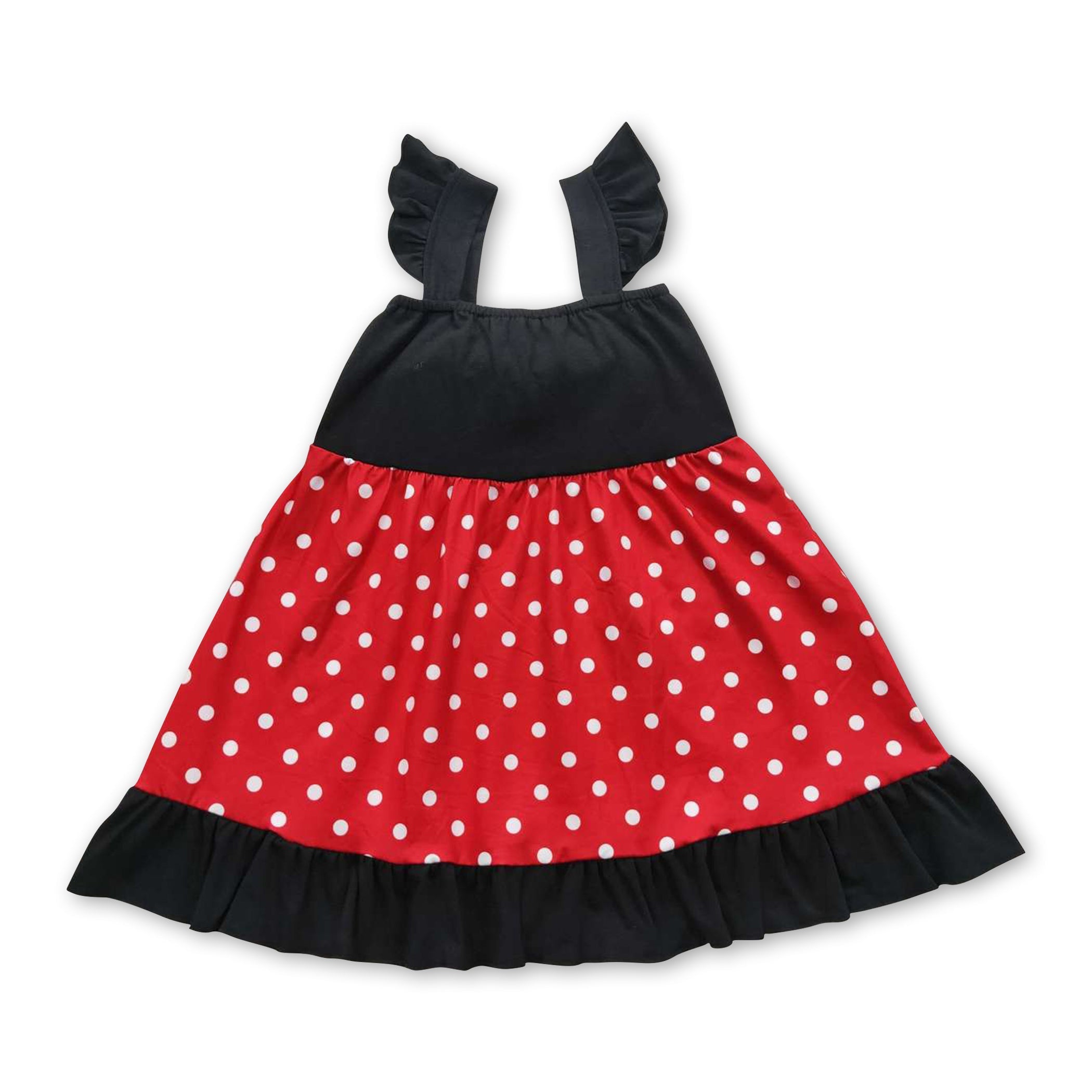 Red Polka Dots Bow Flutter Sleeves Princess Girls Dress