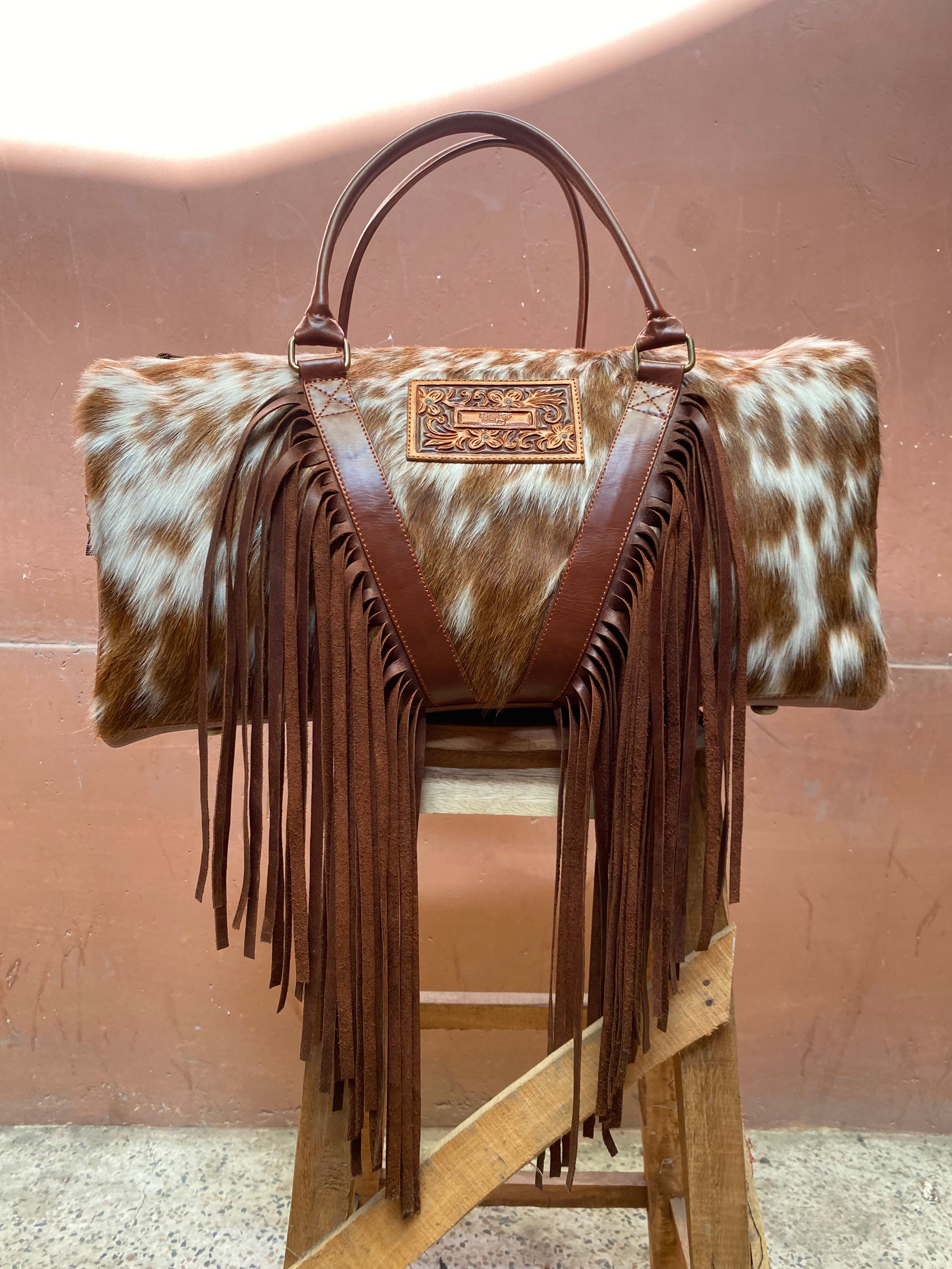 Cowhide Western Duffle Bag With Fringe