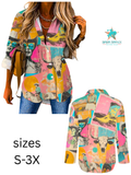 Baha Ranch Pop Western Retro Cowgirl Collage Button Up Blouse
