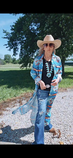 Baha Ranch Teal Aztec Long Shirt Dress Duster