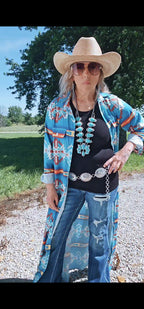 Baha Ranch Teal Aztec Long Shirt Dress Duster