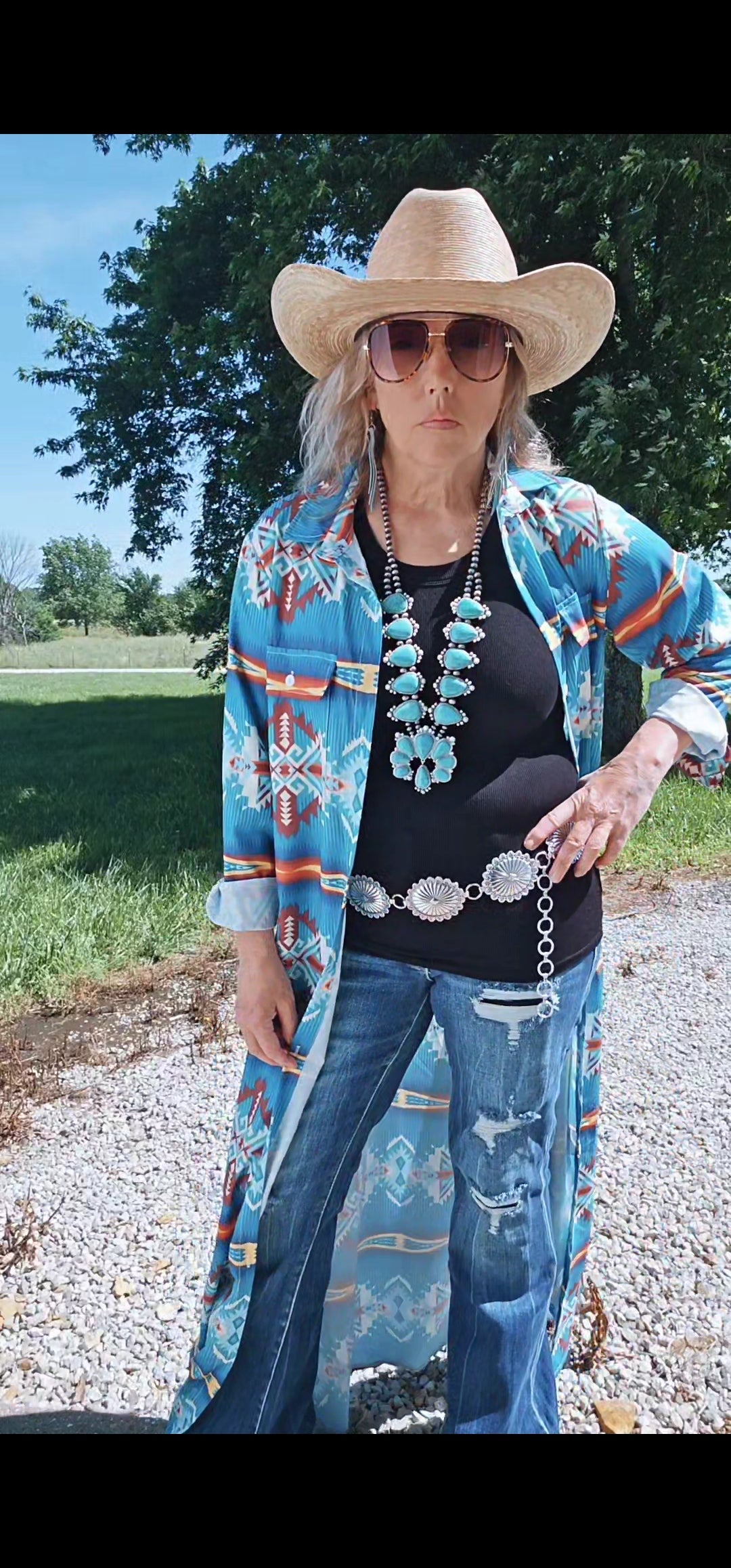 Baha Ranch Teal Aztec Long Shirt Dress Duster