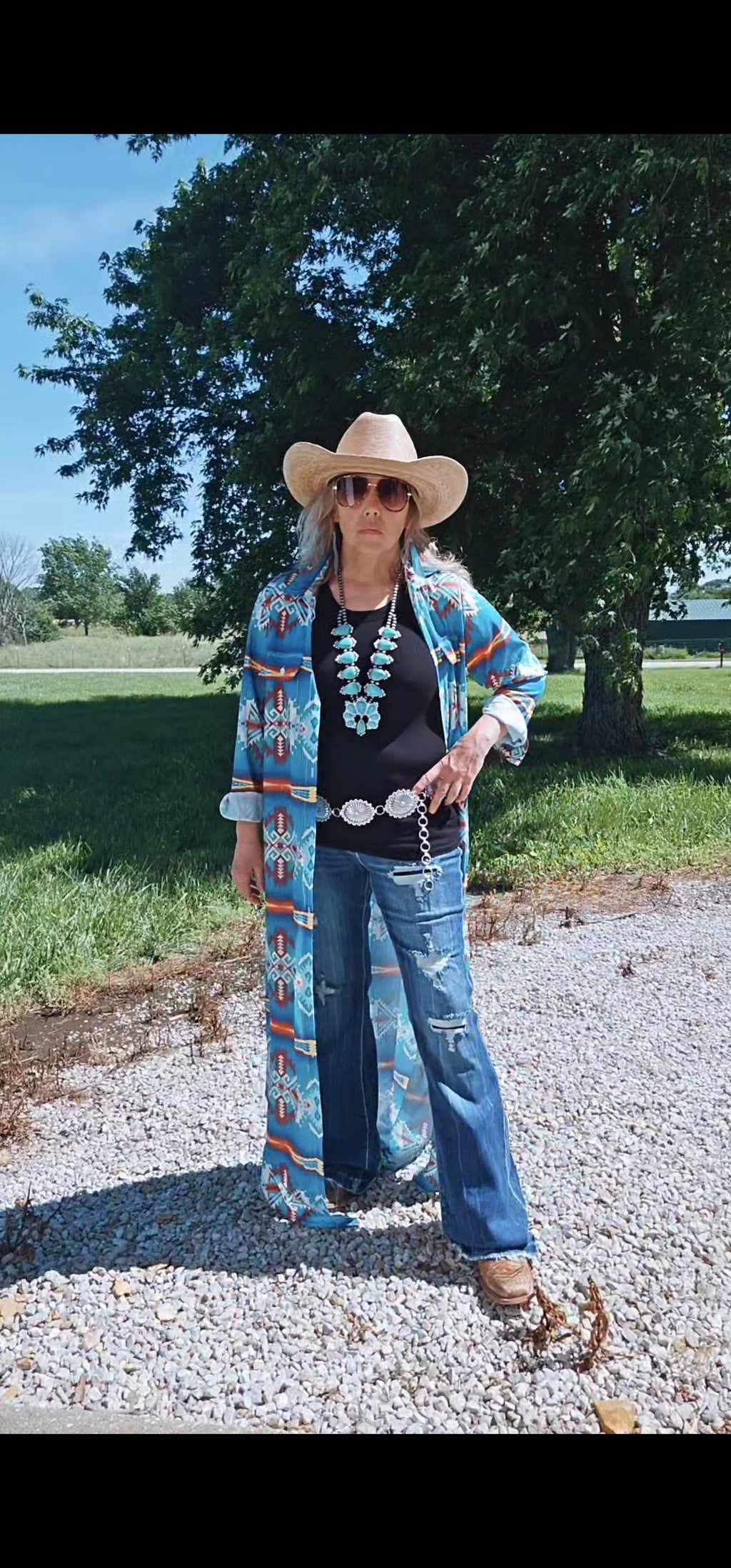 Baha Ranch Teal Aztec Long Shirt Dress Duster