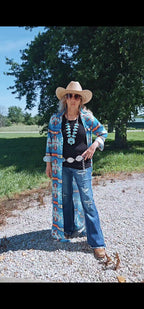 Baha Ranch Teal Aztec Long Shirt Dress Duster