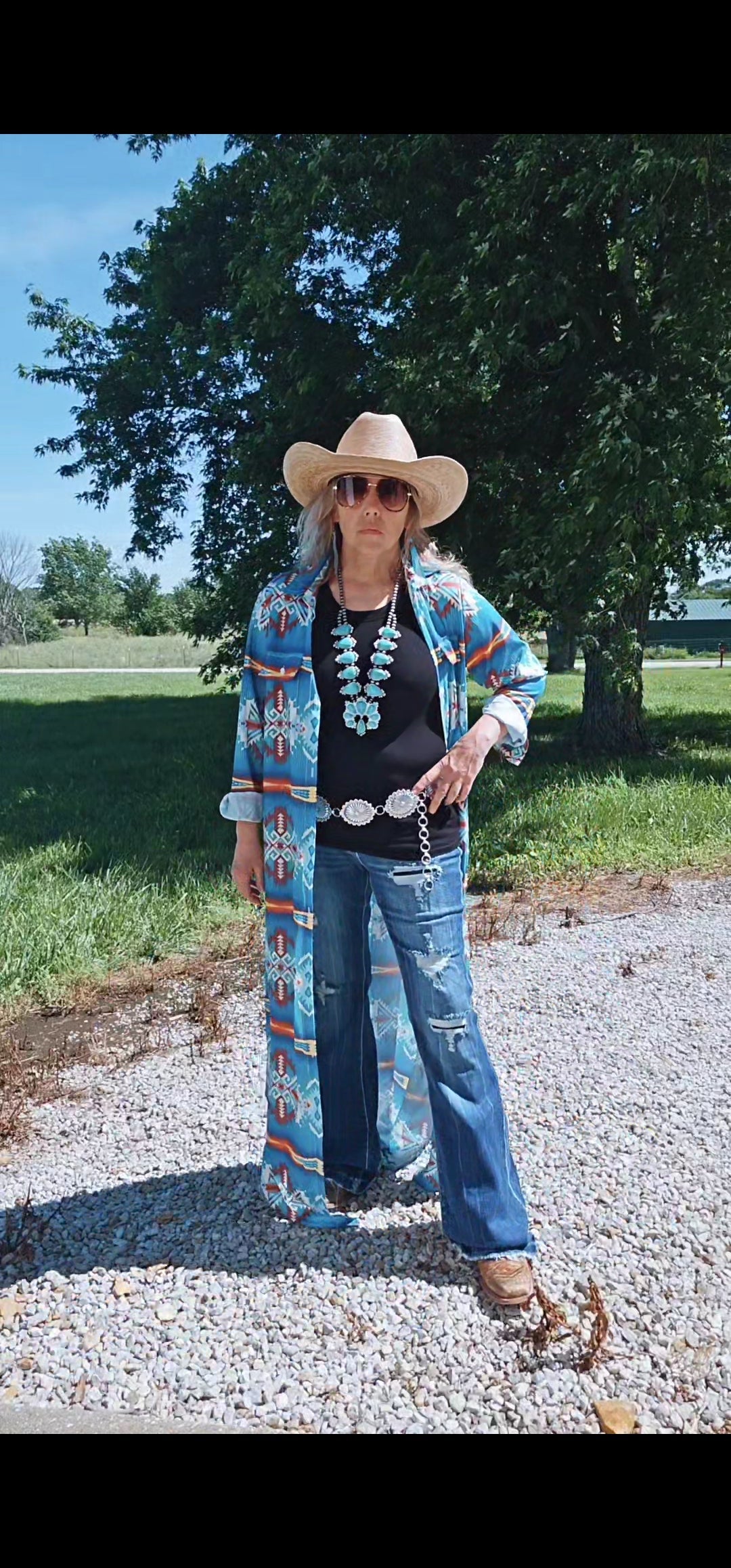 Baha Ranch Teal Aztec Long Shirt Dress Duster