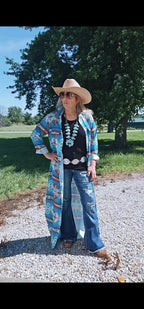 Baha Ranch Teal Aztec Long Shirt Dress Duster