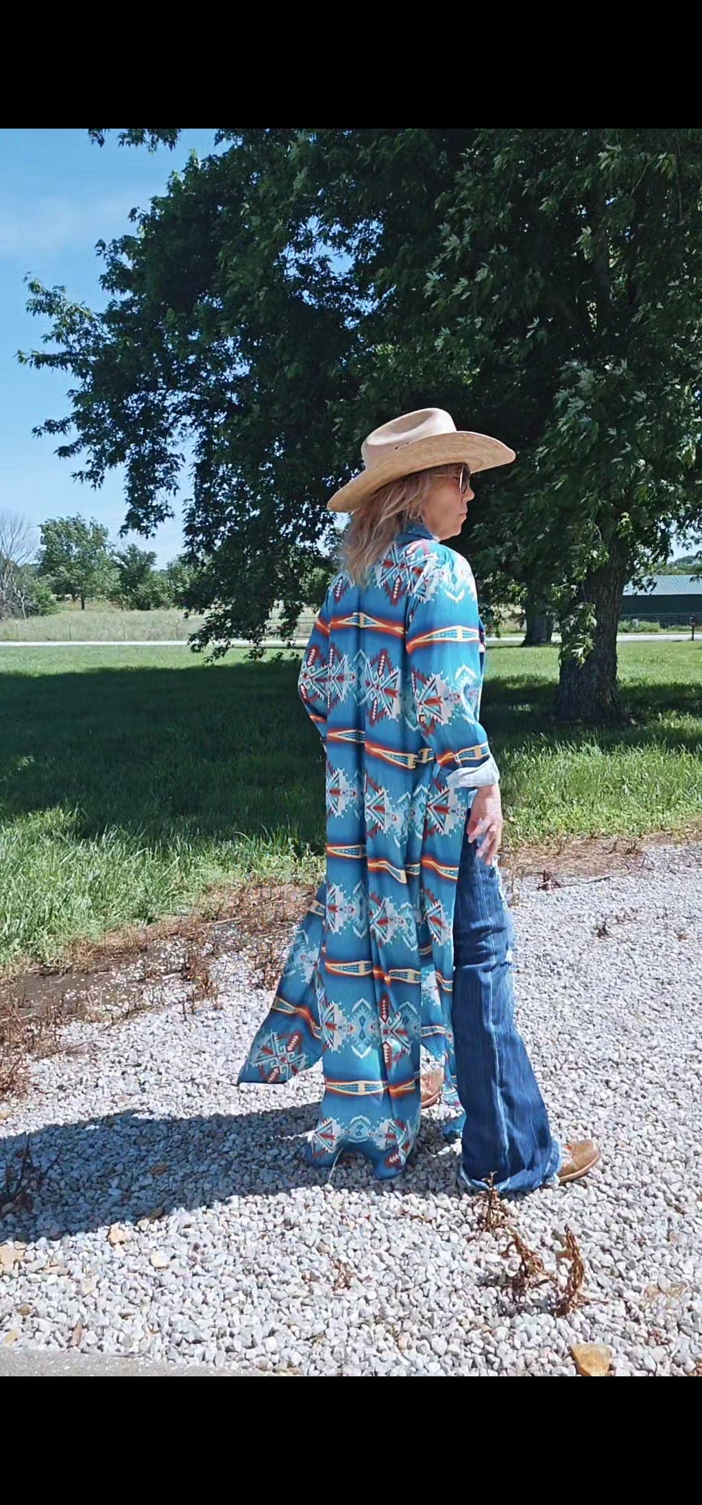 Baha Ranch Teal Aztec Long Shirt Dress Duster