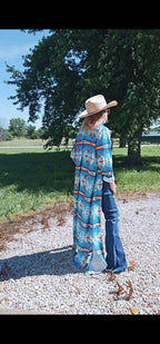 Baha Ranch Teal Aztec Long Shirt Dress Duster