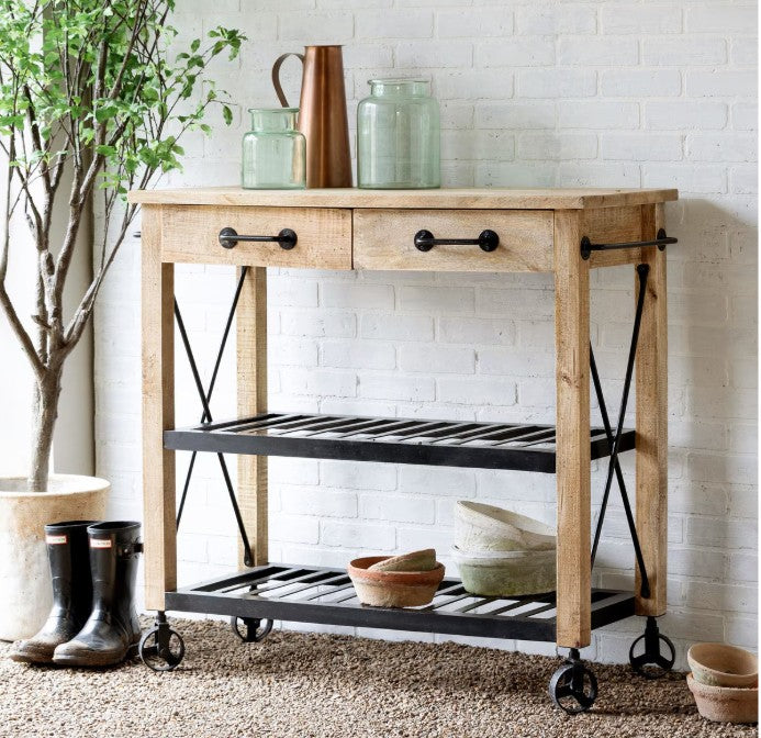Park Hill Garden Potting Cart Island – Rustic Mango Wood & Iron Display Cart with Storage