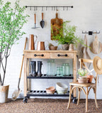 Park Hill Garden Potting Cart Island – Rustic Mango Wood & Iron Display Cart with Storage
