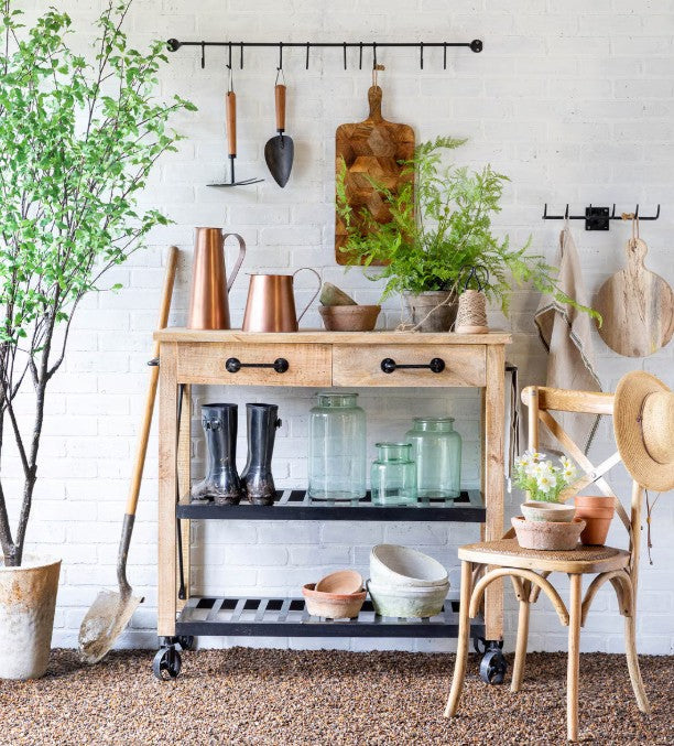 Park Hill Garden Potting Cart Island – Rustic Mango Wood & Iron Display Cart with Storage