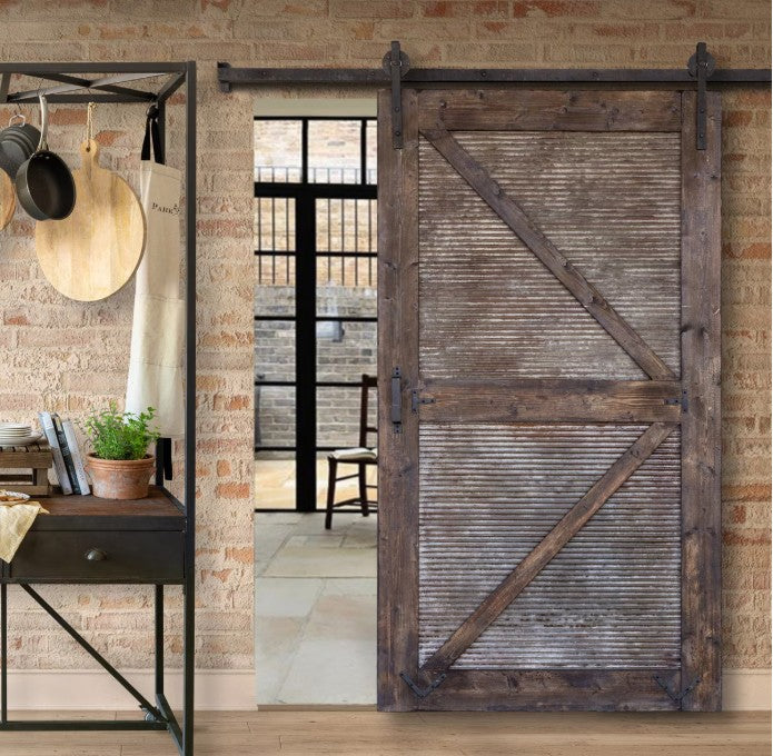 Park Hill | Sliding Barn Door with Rail Hardware – Aged Wood & Corrugated Metal