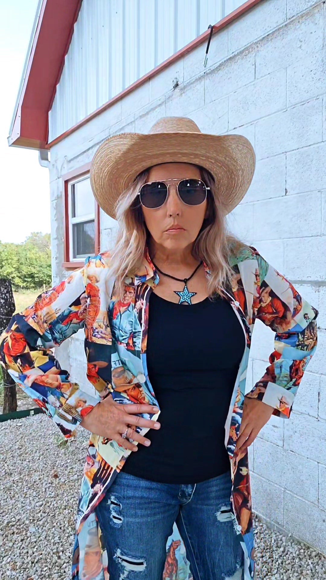 Baha Ranch Cowboy Collage Western Shirt Dress Duster