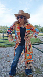 Baha Ranch Vintage Rodeo Poster Button-Up Long Sleeve Shirt Duster Dress