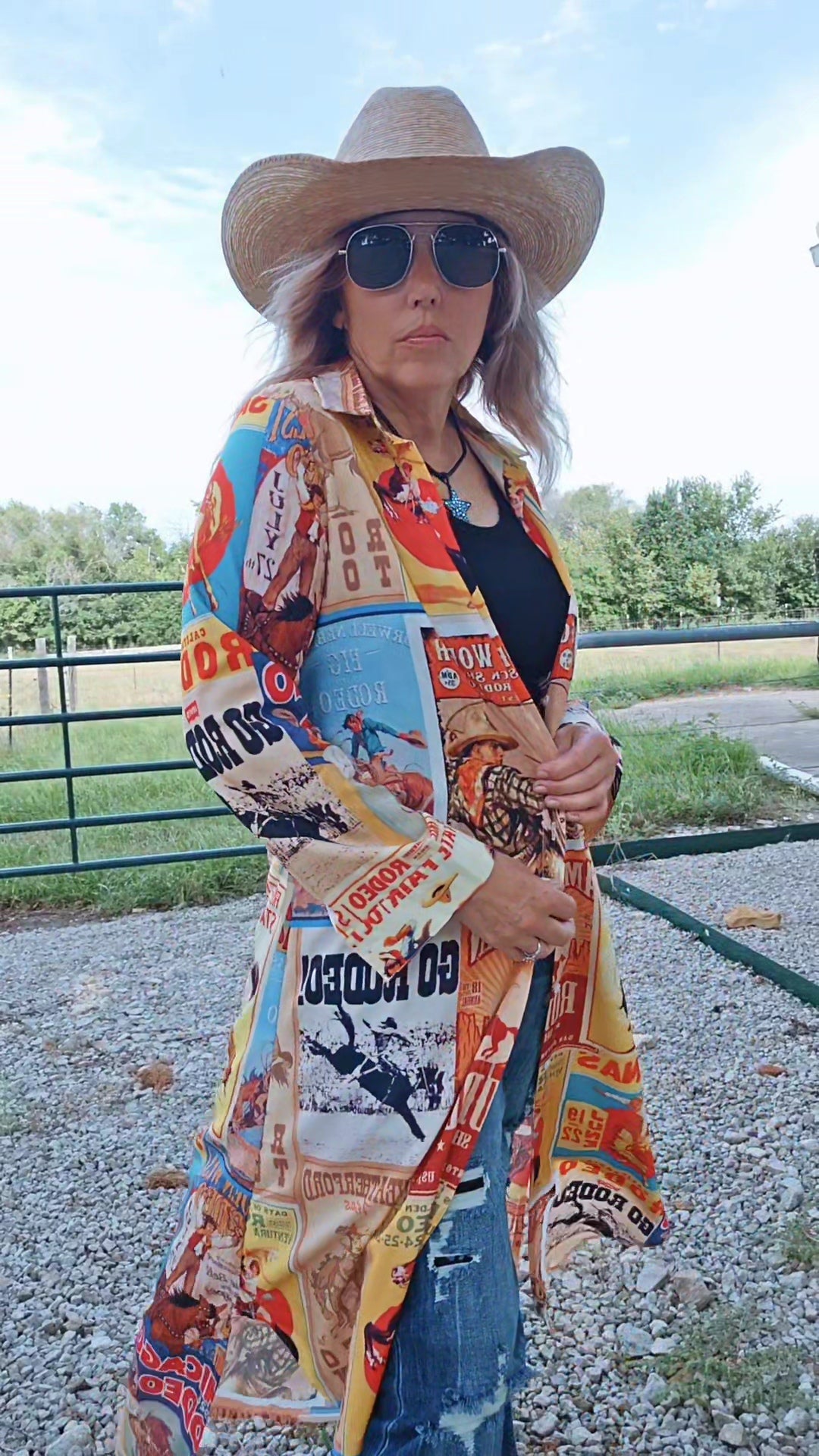 Baha Ranch Vintage Rodeo Poster Button-Up Long Sleeve Shirt Duster Dress