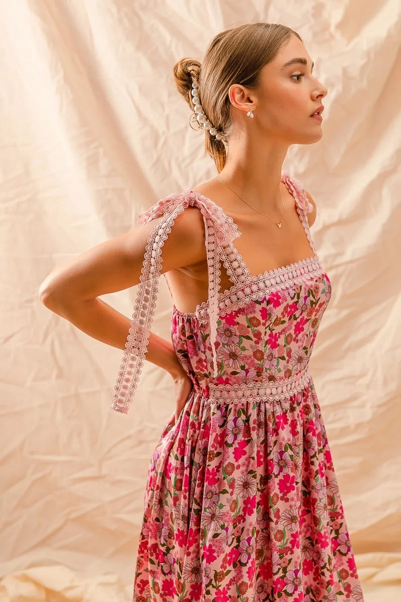 SO ME | Floral Ruffled Maxi Dress with Adjustable Ribbon Tie Straps