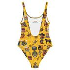 Baha Ranch Yeehaw Vintage Cowboy Collage Mustard One-Piece Swimsuit