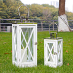 Set of 2 17.5''&24.5'' Farmhouse Wood Lantern (White Rectangle)