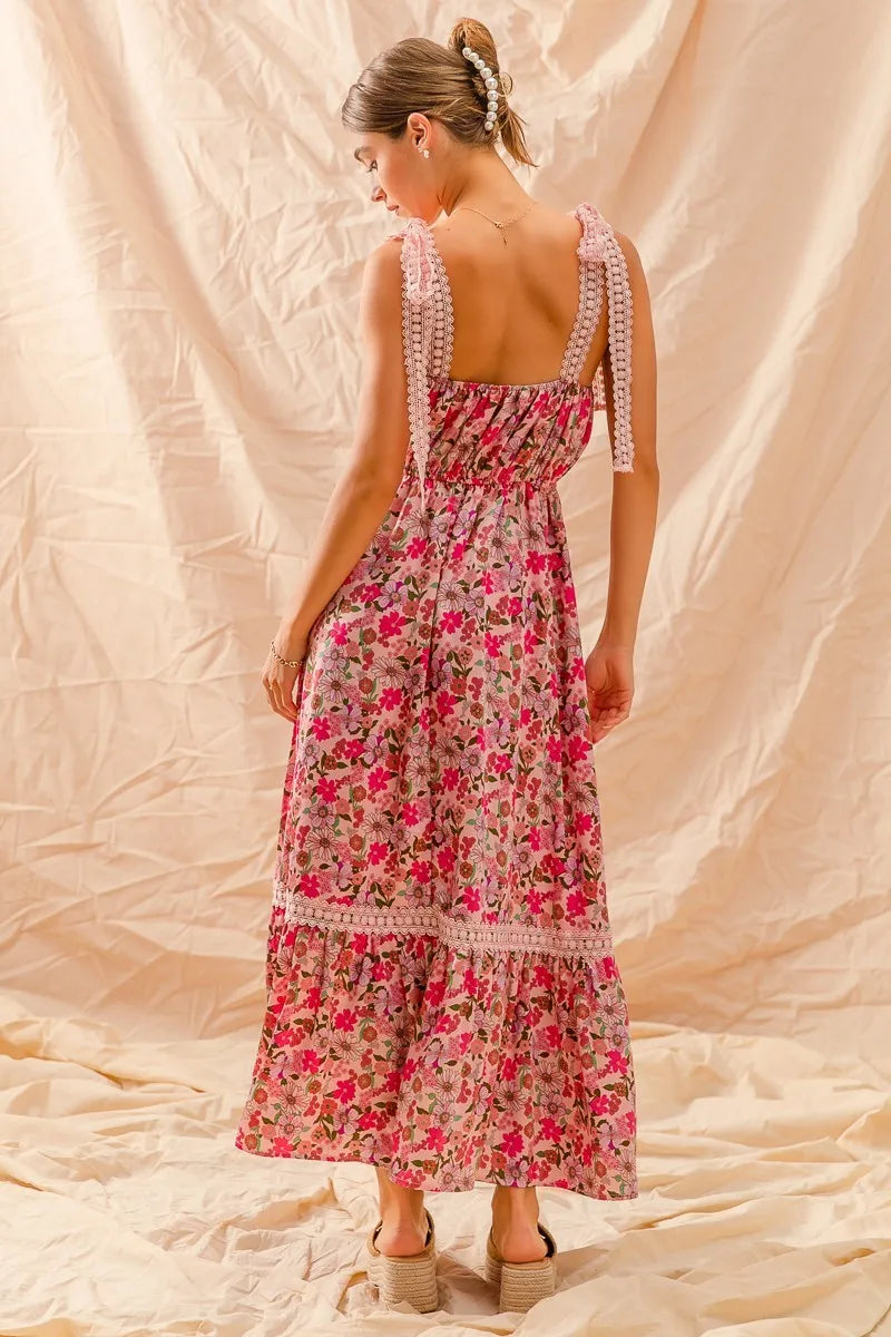 SO ME | Floral Ruffled Maxi Dress with Adjustable Ribbon Tie Straps