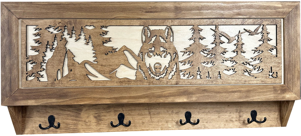 Wolf in the Wild Hidden Gun Storage - Coat Rack Concealment Shelf with Hooks for Coats, Bags, & Hats - Quick Access Hidden Gun Shelf - Secure Magnetic Lock