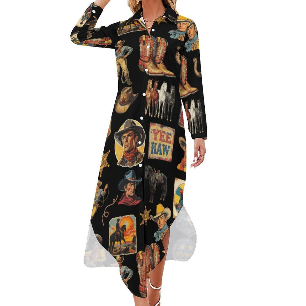 Baha Ranch Vintage Cowboy Collage Western Long Sleeve Dress Duster