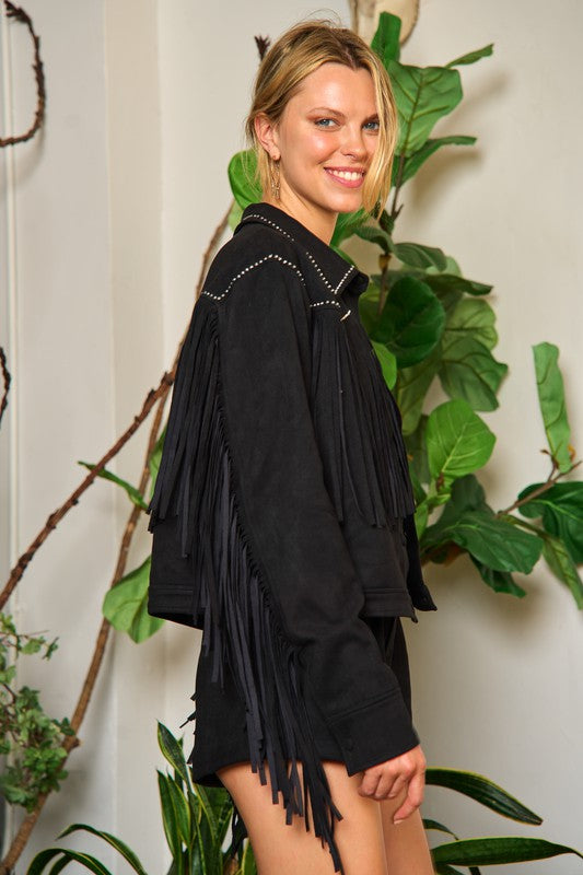 Jade by Jane Studded Fringe Faux Suede Jacket