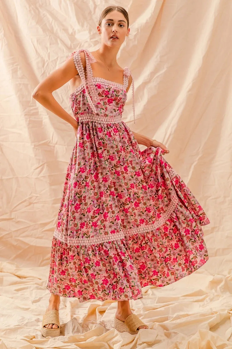 SO ME | Floral Ruffled Maxi Dress with Adjustable Ribbon Tie Straps
