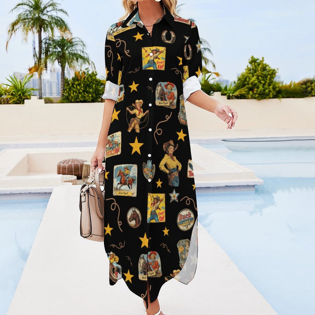Baha Ranch Vintage Cowgirl Collage Western Button-Up Long Sleeve Shirt Dress Duster