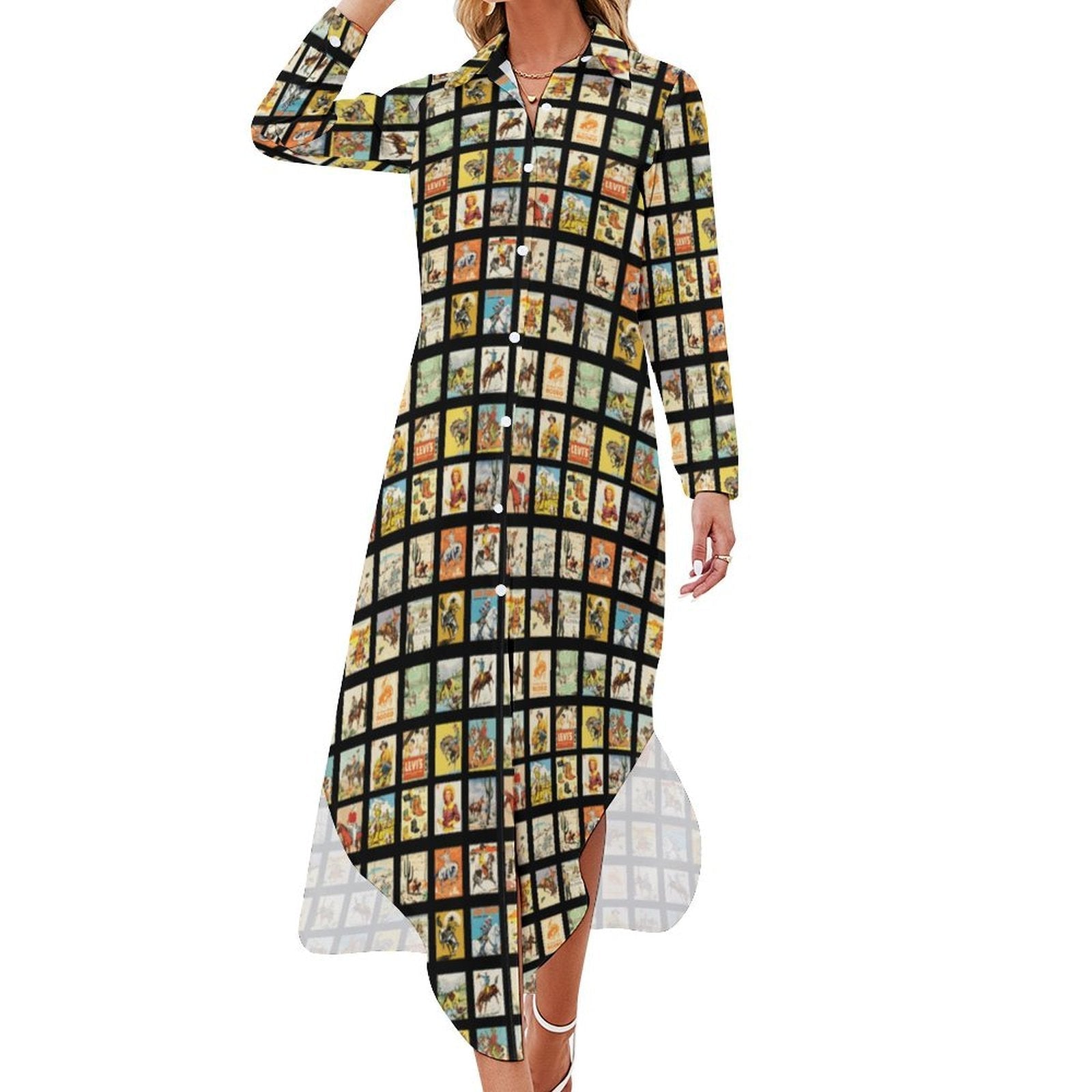 Baha Ranch Vintage Cowboy Collage Western Shirt Dress Duster