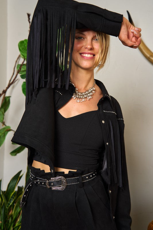 Jade by Jane Studded Fringe Faux Suede Jacket