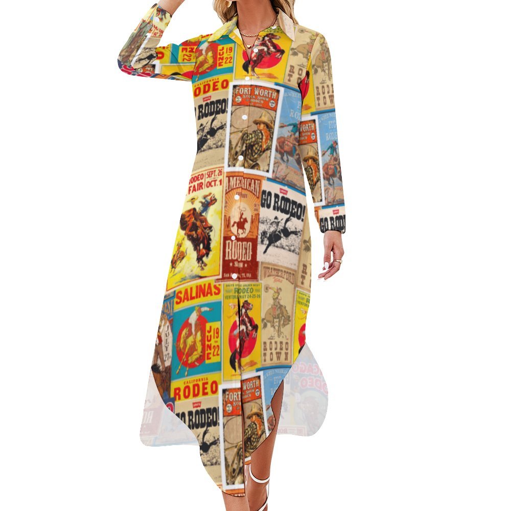 Baha Ranch Vintage Rodeo Poster Button-Up Long Sleeve Shirt Duster Dress
