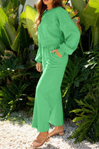 Solid Puff Sleeve Top and Drawstring Pants Set