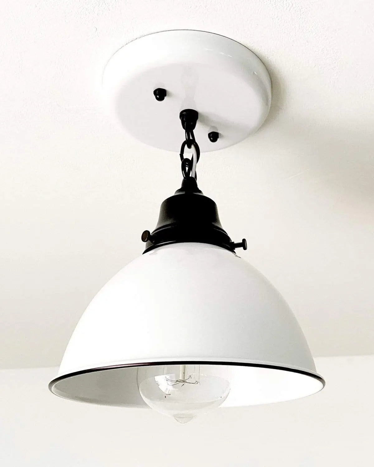 White Enamel Farmhouse Ceiling Light with Chain