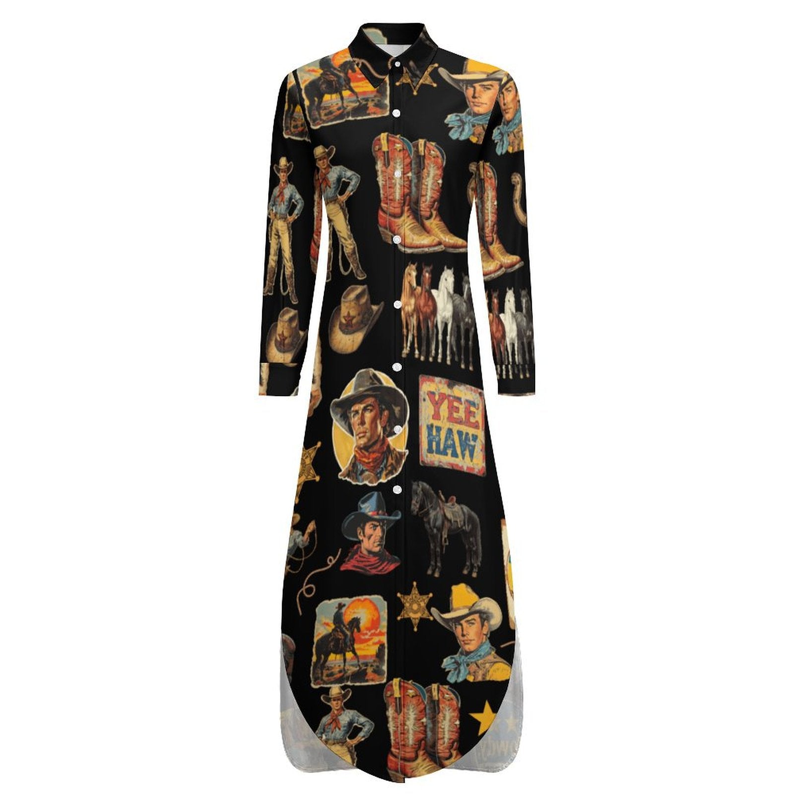 Baha Ranch Vintage Cowboy Collage Western Long Sleeve Dress Duster