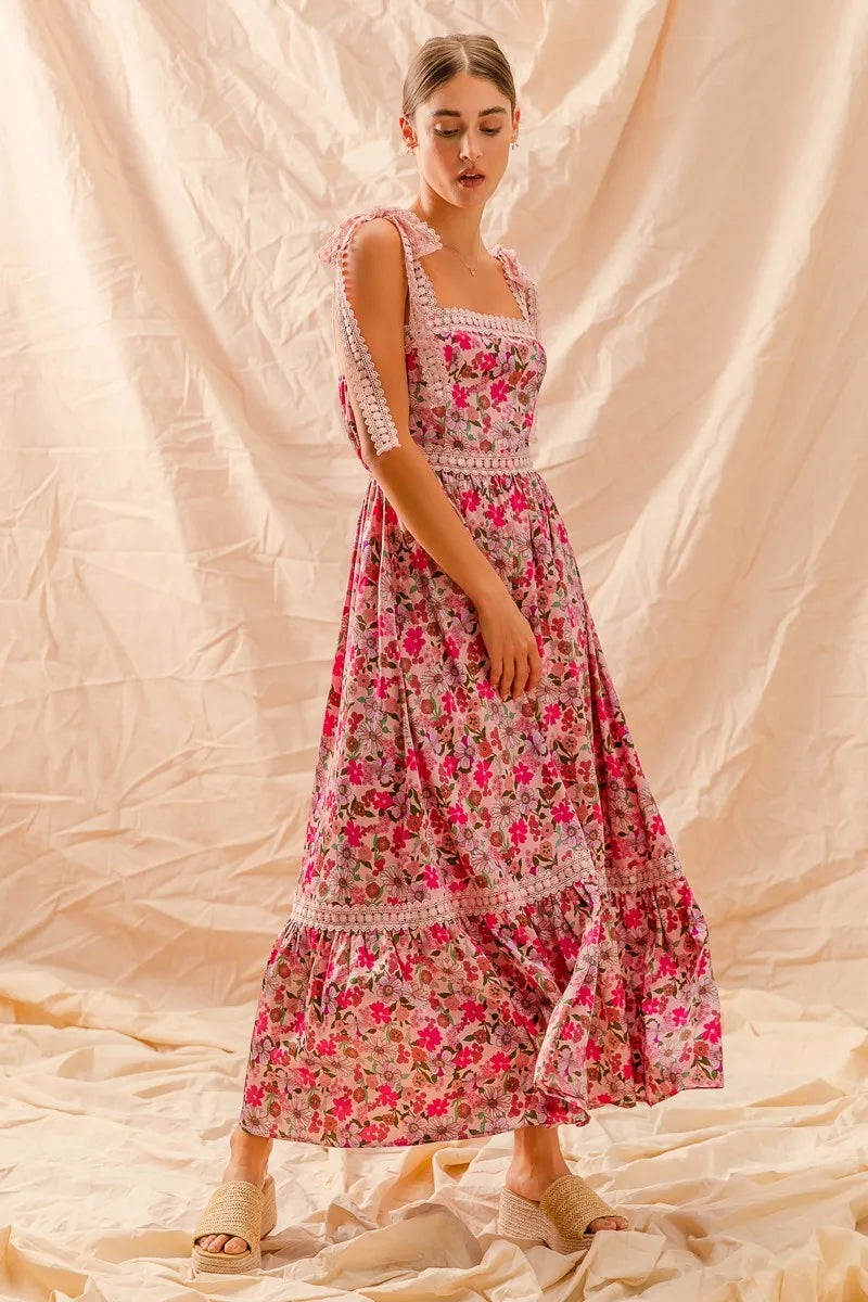 SO ME | Floral Ruffled Maxi Dress with Adjustable Ribbon Tie Straps