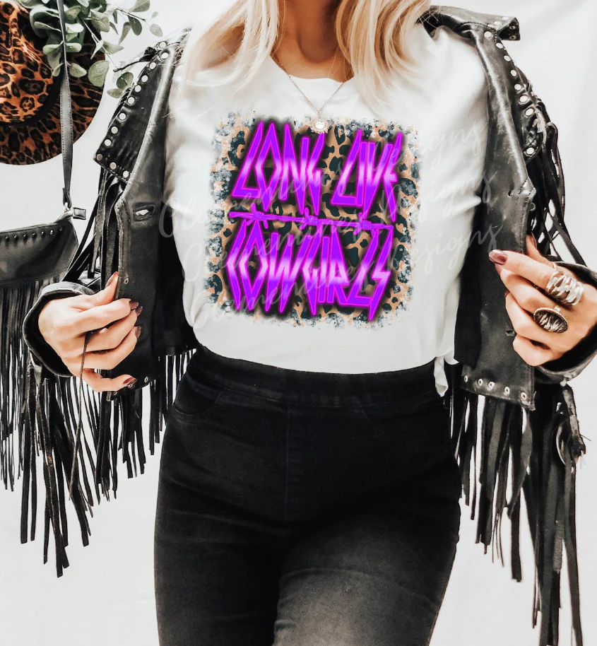 Long Live Cowgirls Neon Leopard Graphic on Gildan Softstyle White Shirt – Graphic Tee, Long Sleeve & Crewneck.