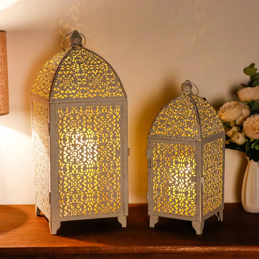 Set of 2-16.5''&12'' High Metal Lantern-White with Gold Brush