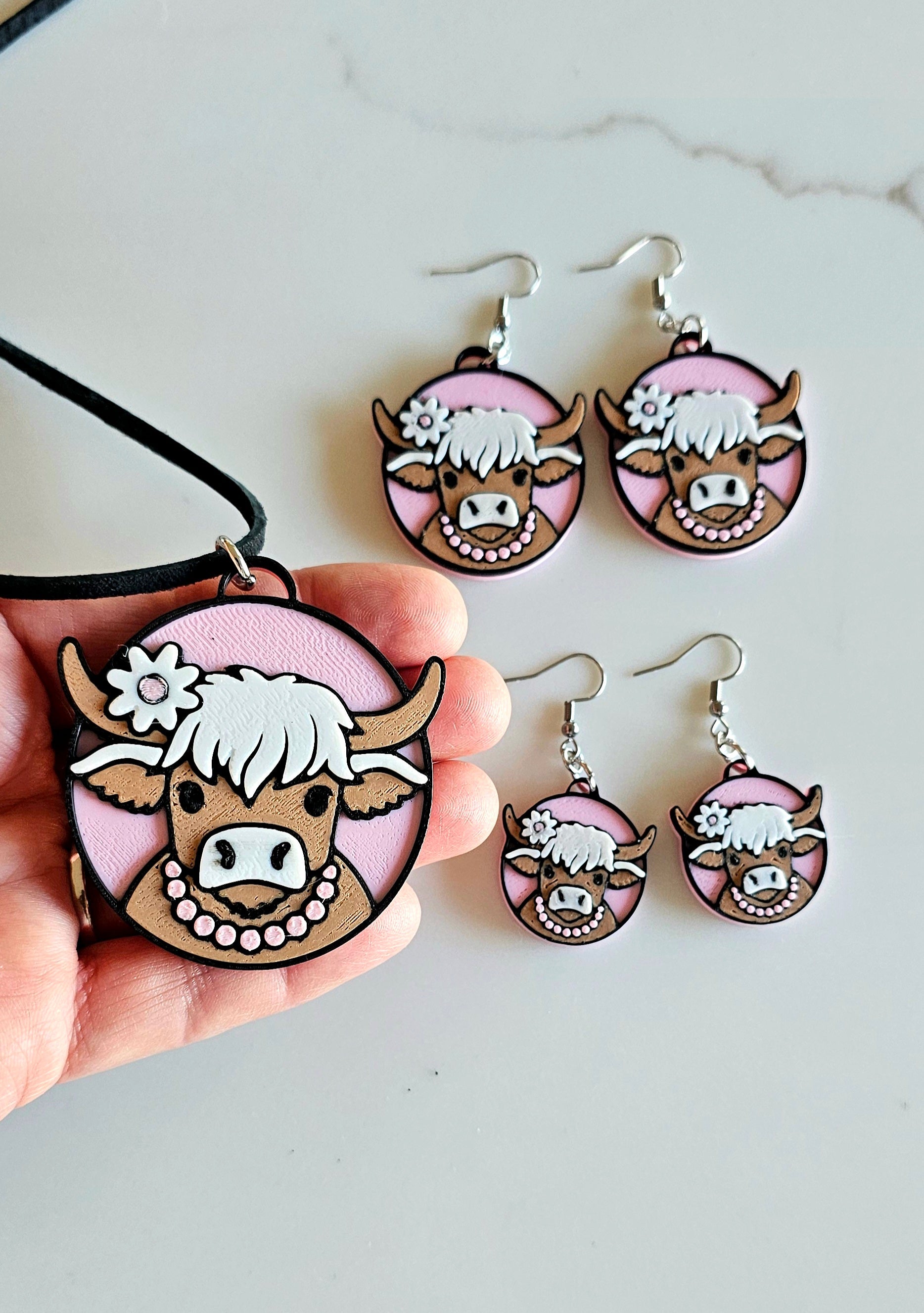 3d Western Cowgirl Cowboy Highland Cow Theme - Necklace, Purse Charm, Earrings, Keychain, Magnet