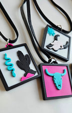 3D Print Picture Necklace on Deerskin Leather Western Bull Skull Desert Cactus Made in America