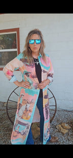Baha Ranch Retro Pop Western Button Up Shirt Dress Duster