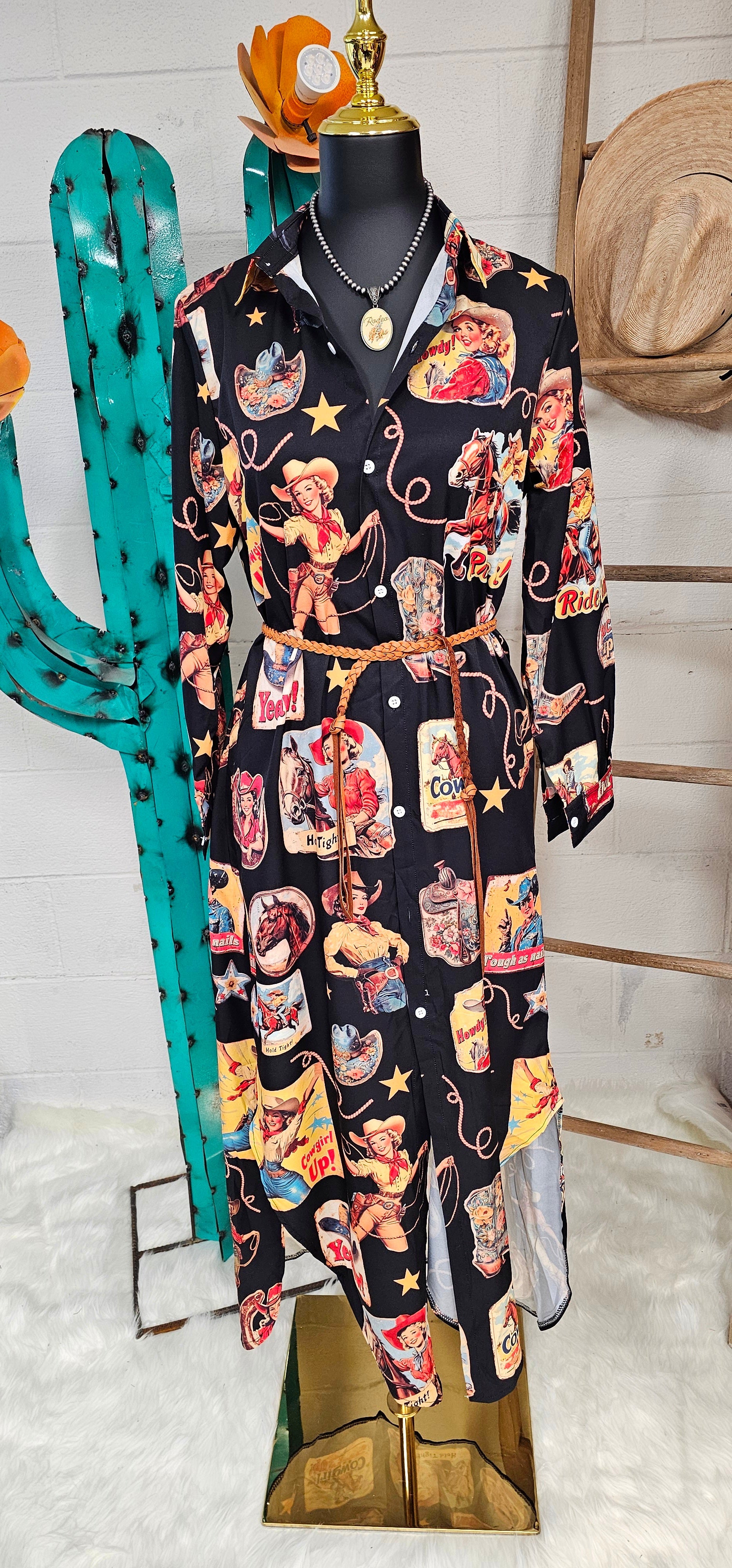 Baha Ranch Vintage Cowgirl Collage Western Button-Up Long Sleeve Shirt Dress Duster