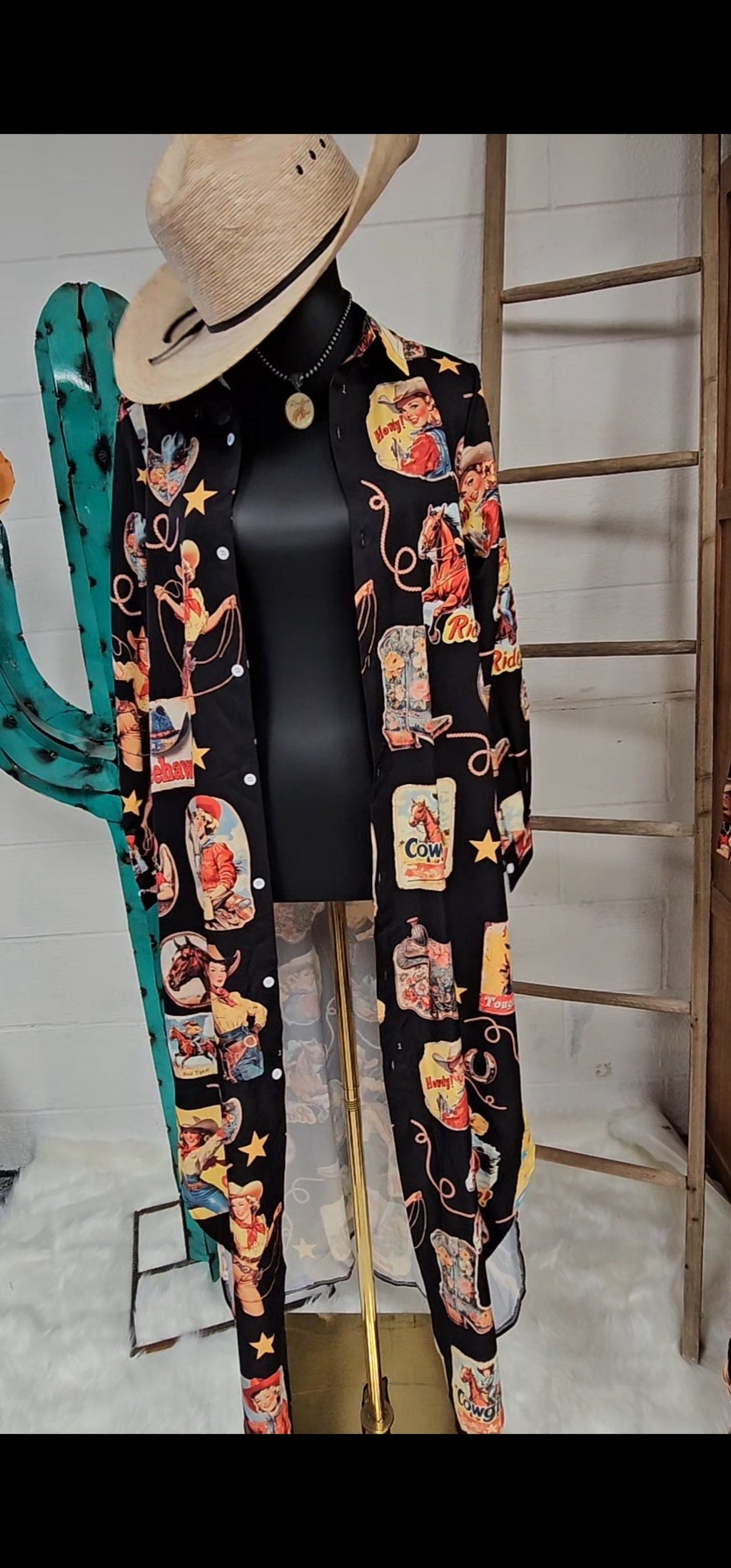 Baha Ranch Vintage Cowgirl Collage Western Button-Up Long Sleeve Shirt Dress Duster