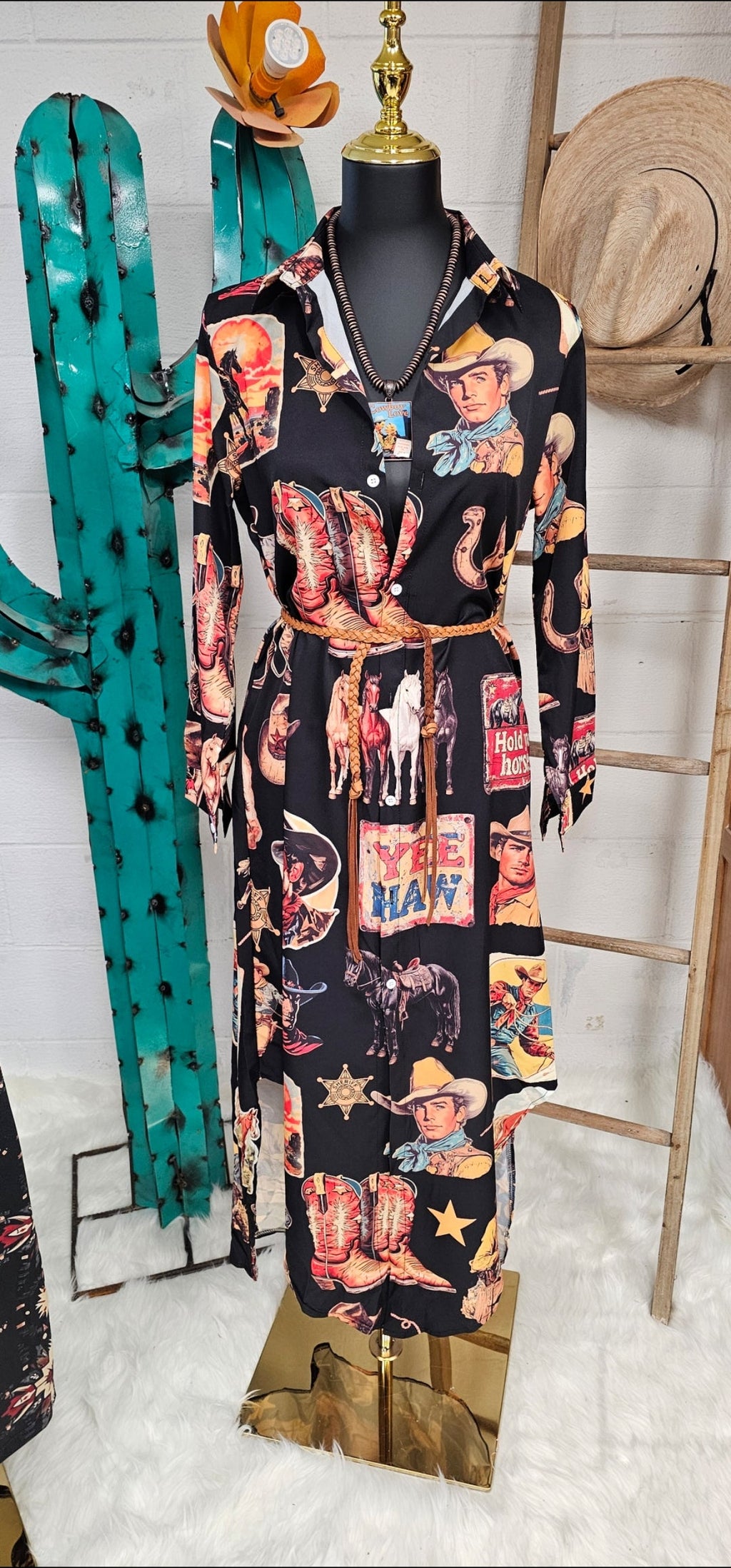 Baha Ranch Vintage Cowboy Collage Western Long Sleeve Dress Duster
