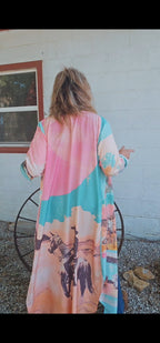 Baha Ranch Retro Pop Western Button Up Shirt Dress Duster